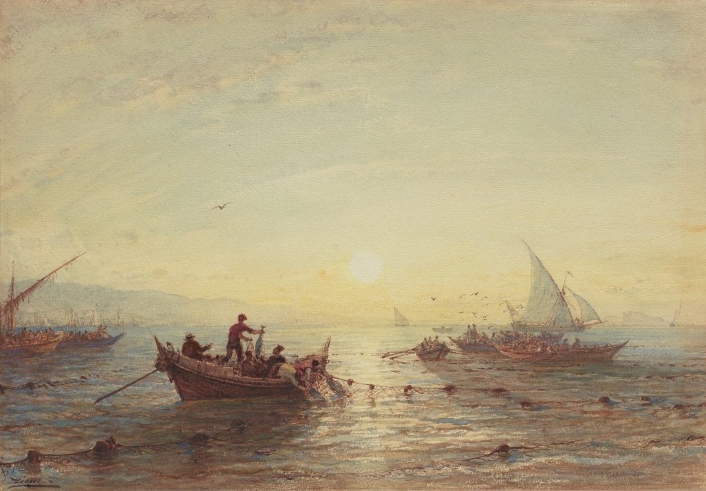 Several small boats with people fishing in calm waters at sunrise, with distant mountains, sailing ships, and birds flying in the sky. The scene is tranquil and bathed in warm, soft sunlight.