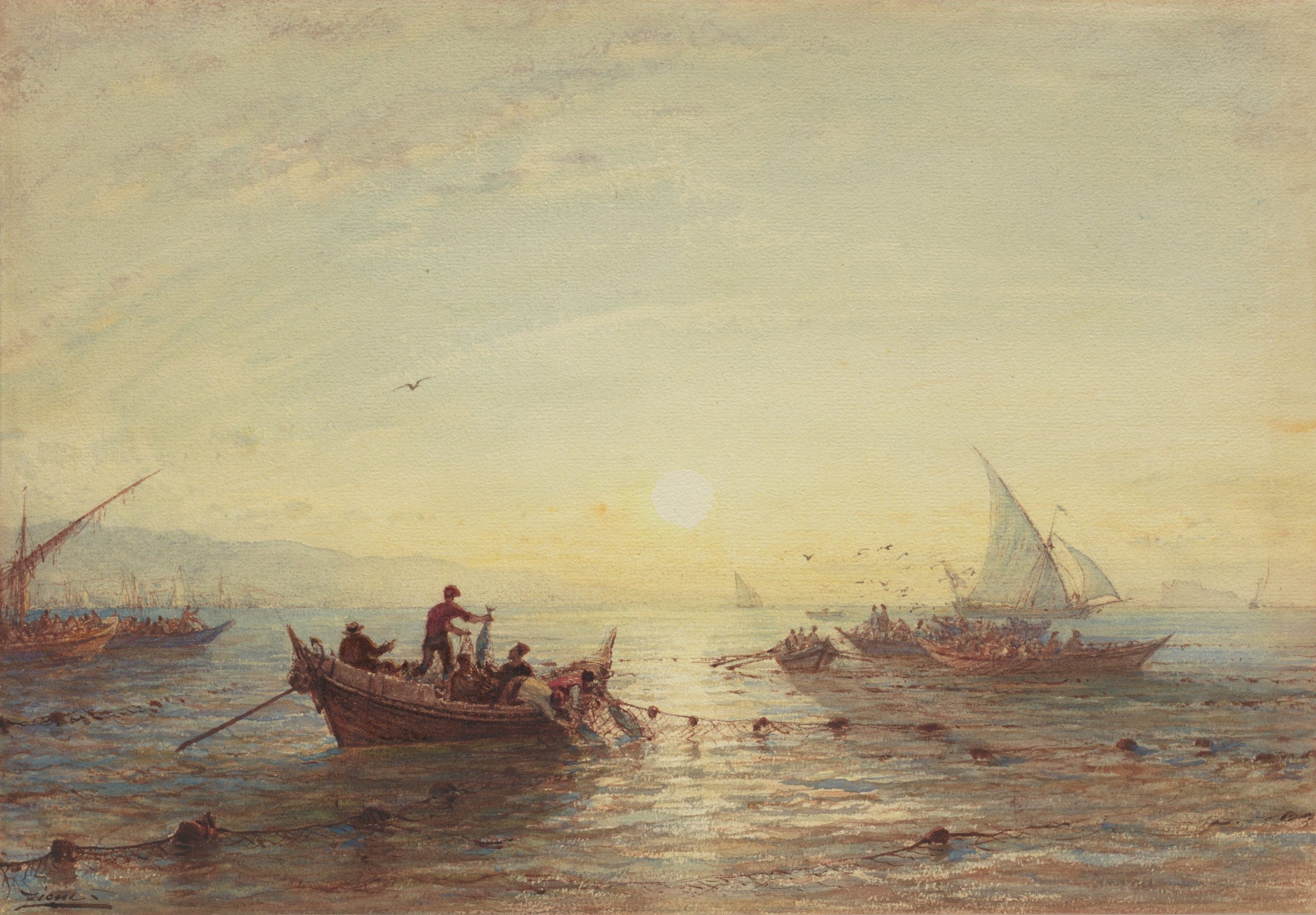 Several small boats with people fishing in calm waters at sunrise, with distant mountains, sailing ships, and birds flying in the sky. The scene is tranquil and bathed in warm, soft sunlight.